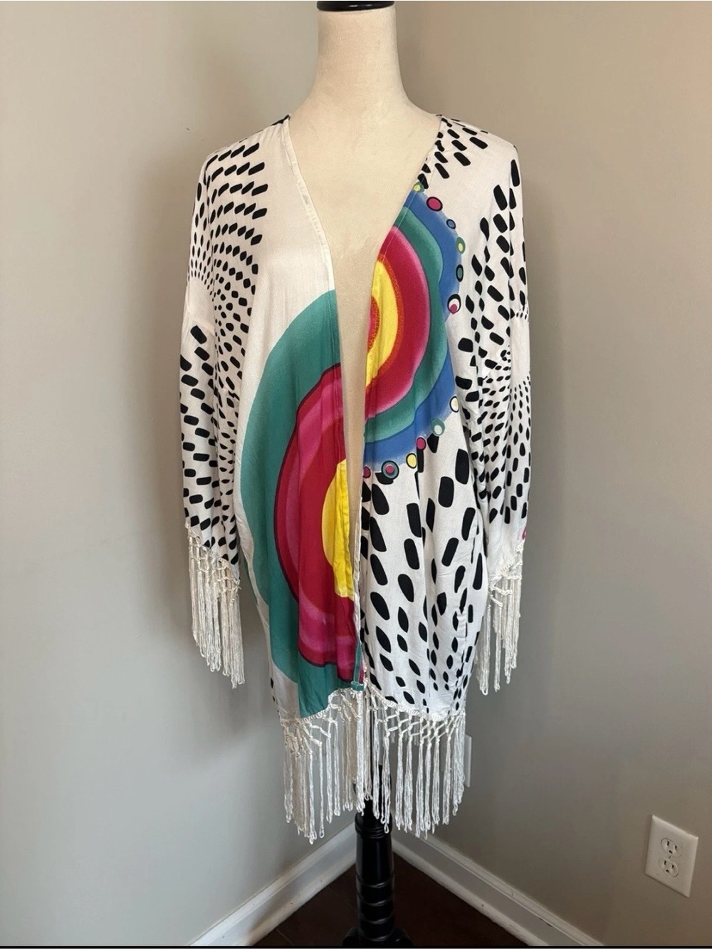 Desigual‎ Kimono Cardigan Swim Cover Multicolor Abstract Art Fringe Boho Chic OS